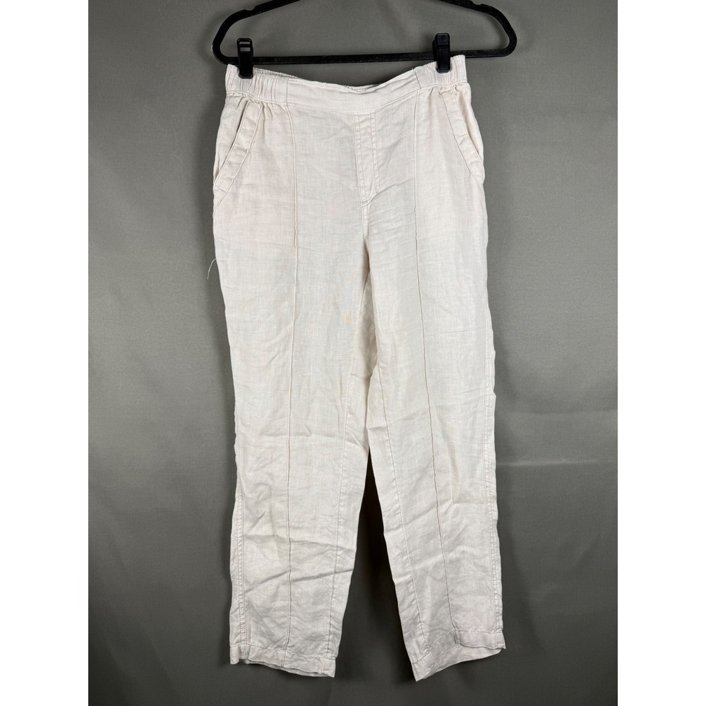 Nicole Miller Linen Pants Womens S Beige Straight Leg Elastic Waist Seam Detail